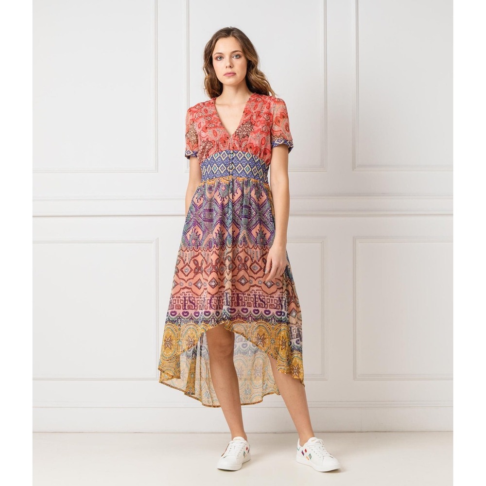 Desigual Mixed Print High-Low Midi Dress‎ Boho V-Neck Short Sleeve Size 36